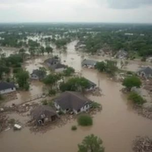 Scene of Central Texas flood damage, showing submerged streets and debris