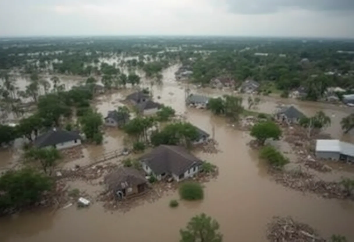 Scene of Central Texas flood damage, showing submerged streets and debris