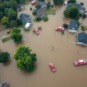 Emergency responders assist in a flooded central Texas neighborhood.