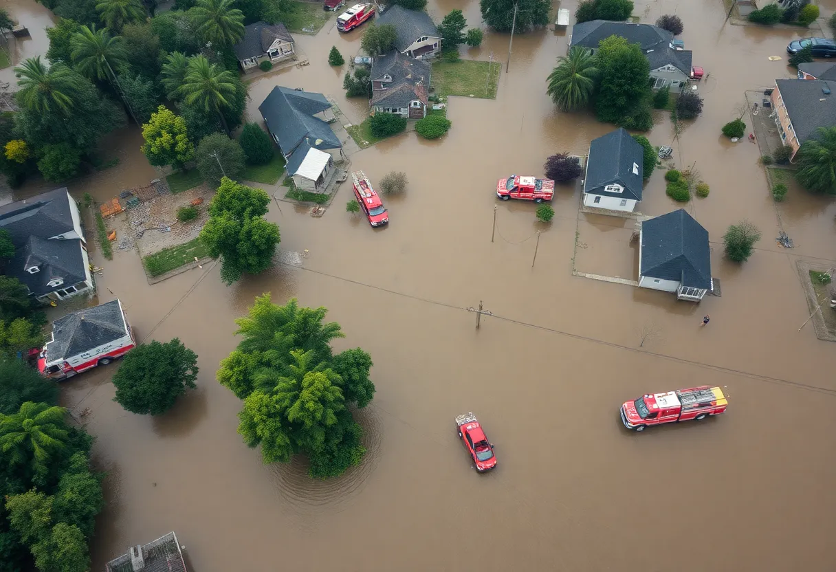 Emergency responders assist in a flooded central Texas neighborhood.