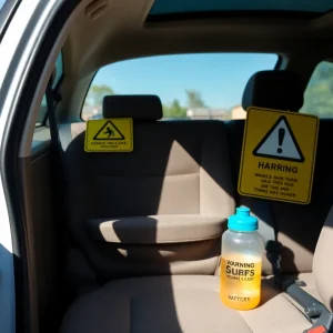 A parked vehicle in the sunlight with a children's water bottle inside, symbolizing child safety issues.
