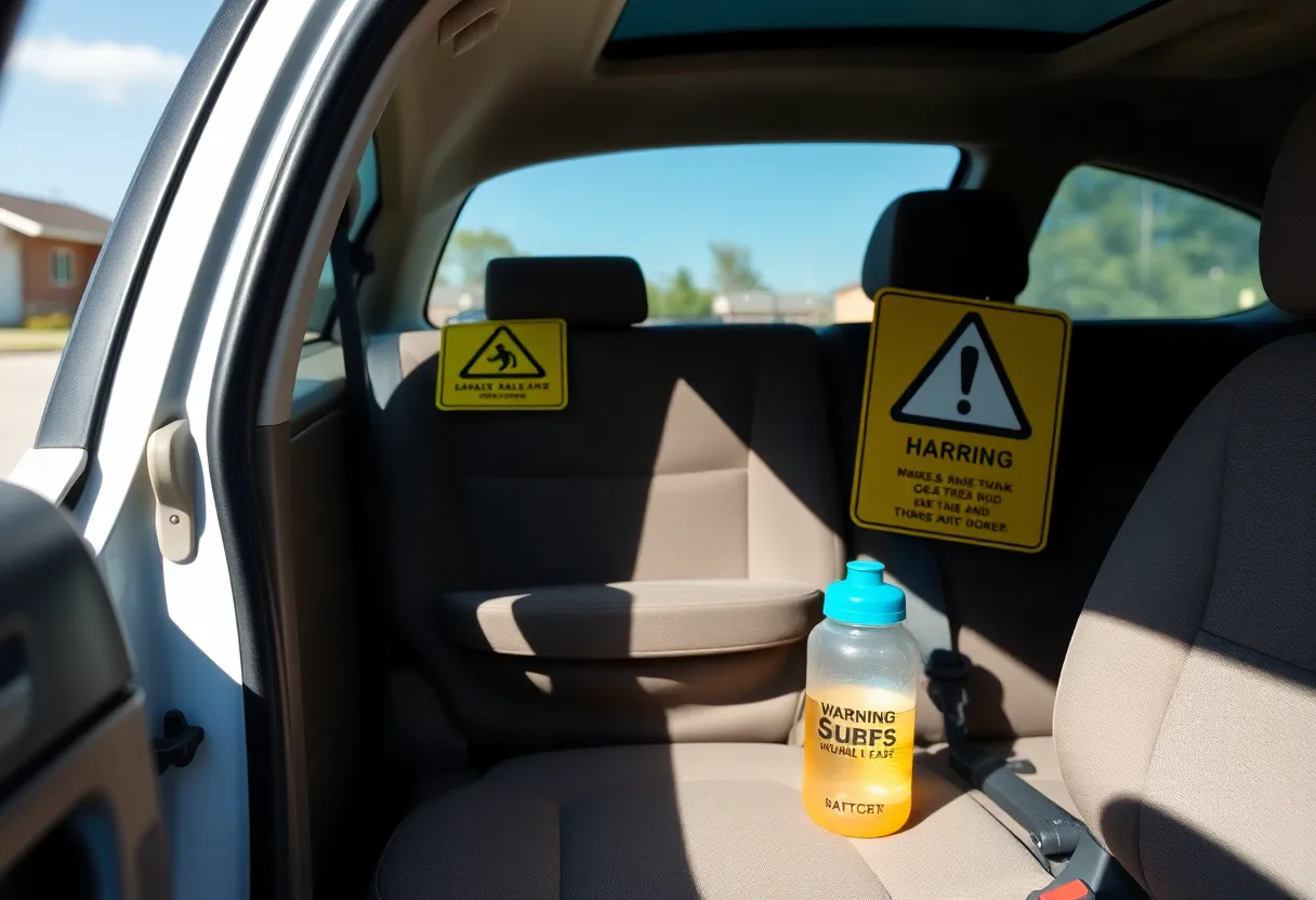 A parked vehicle in the sunlight with a children's water bottle inside, symbolizing child safety issues.