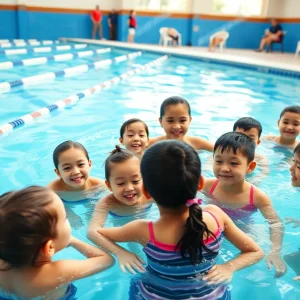 Children attending swimming lessons in a community pool.