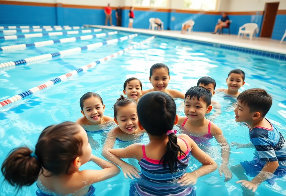 Children attending swimming lessons in a community pool.