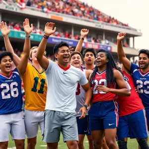 Group of college athletes from different sports celebrating together
