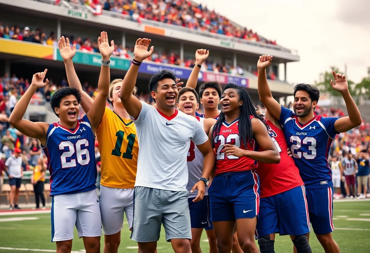 Group of college athletes from different sports celebrating together