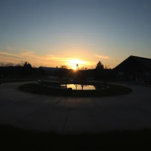 Sunset over community gathering area