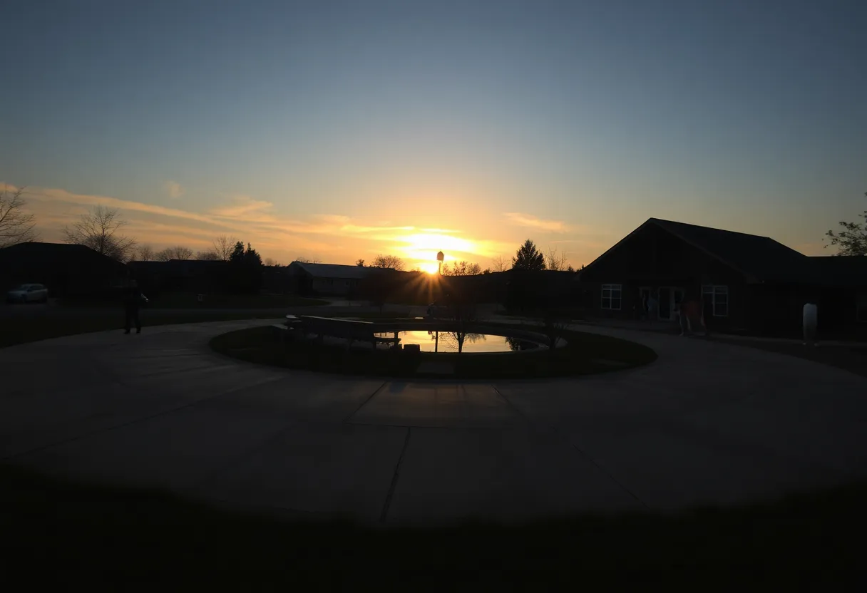 Sunset over community gathering area