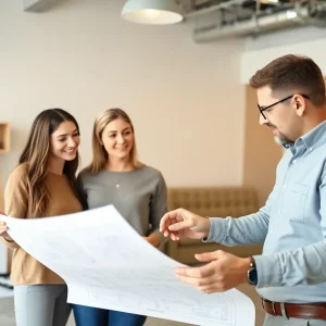 Couple communicating with home builder using blueprints