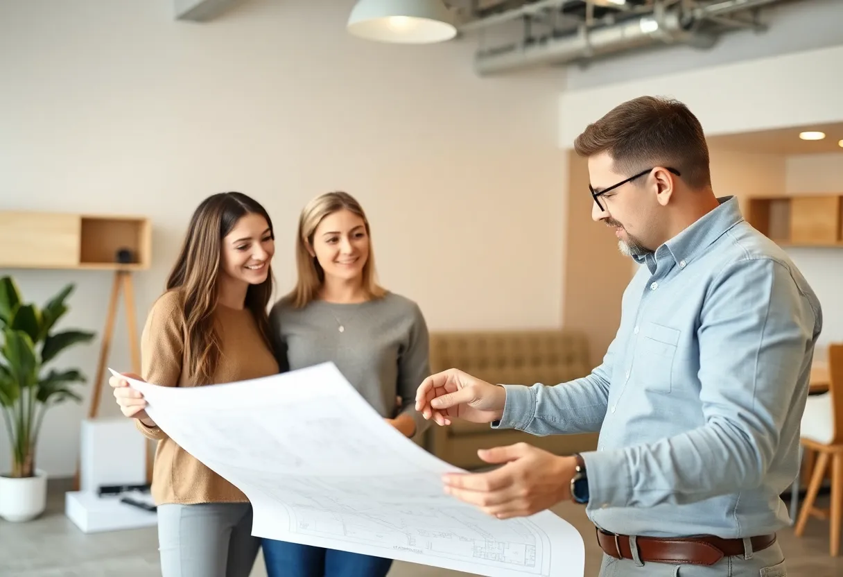 Couple communicating with home builder using blueprints