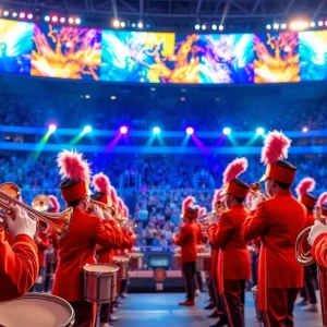Marching band performing at DCI Houston competition