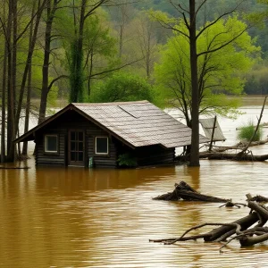 A riverside cabin submerged in floodwaters