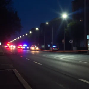 Police lights illuminating a city street after a tragic accident