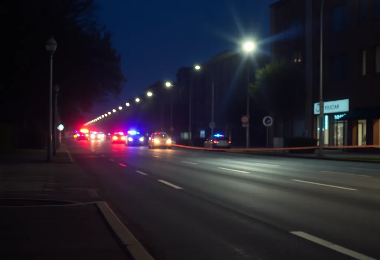 Police lights illuminating a city street after a tragic accident