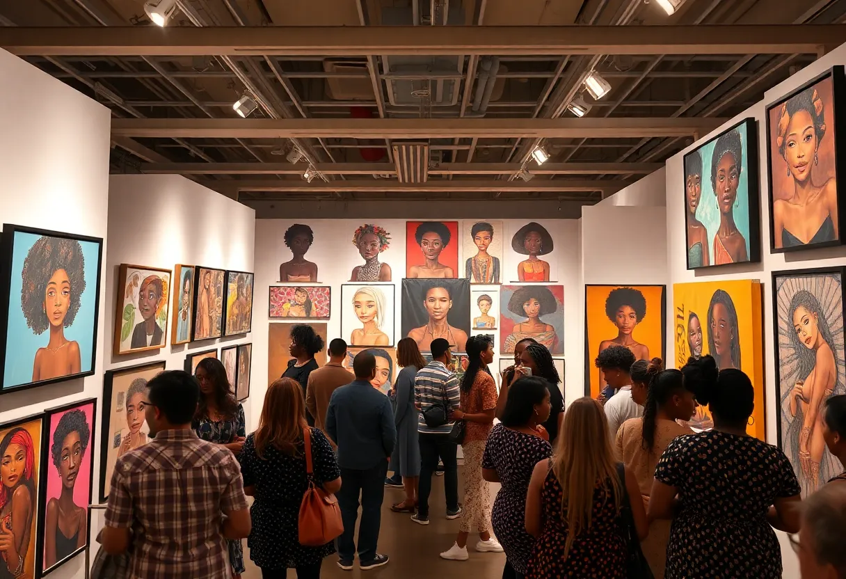 Artworks exploring Black body representation in a vibrant exhibition setting.