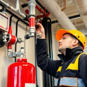 Fire suppression system being installed in a commercial space