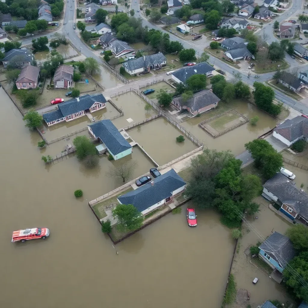 Aerial view of flooded neighborhoods in Central Texas