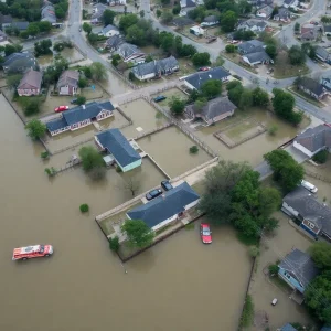 Aerial view of flooded neighborhoods in Central Texas
