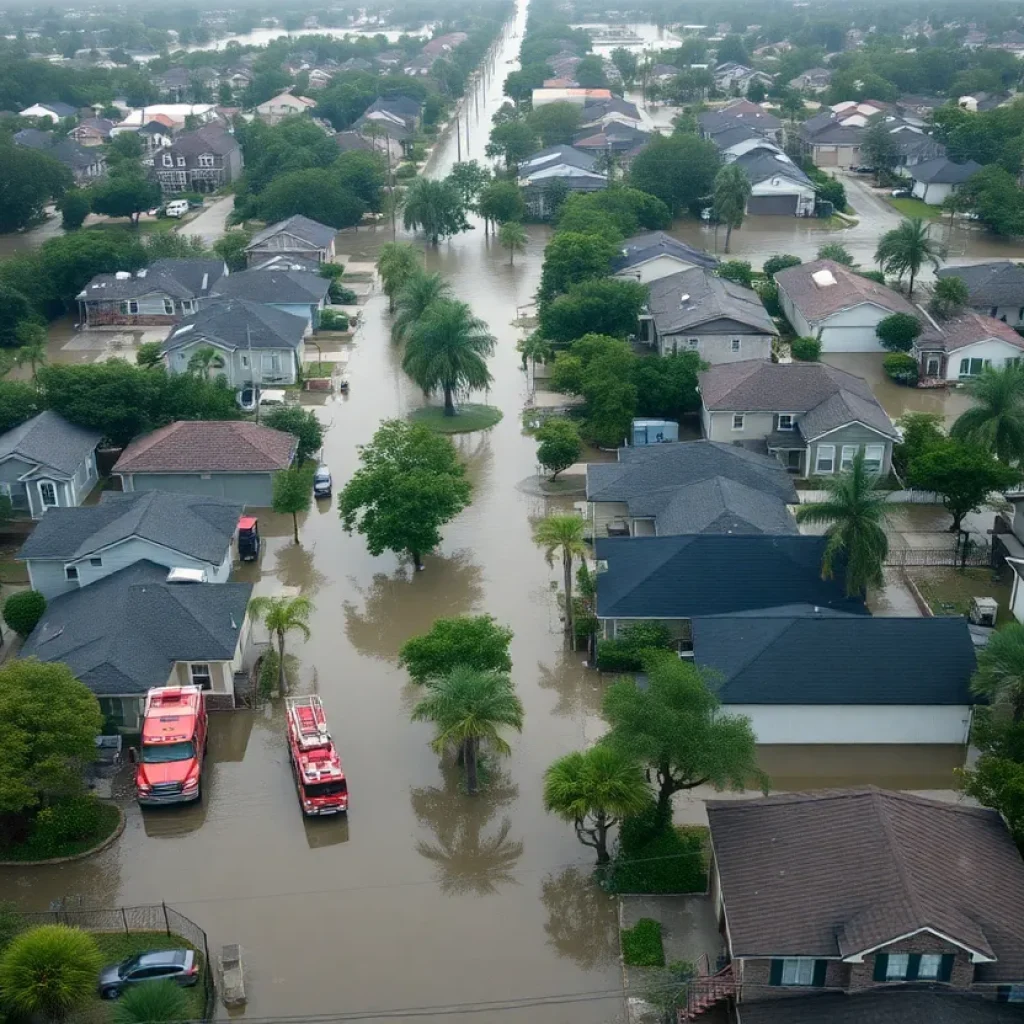 Aerial view of flooded homes in Houston, Texas