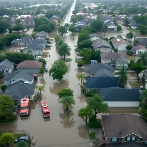 Aerial view of flooded homes in Houston, Texas