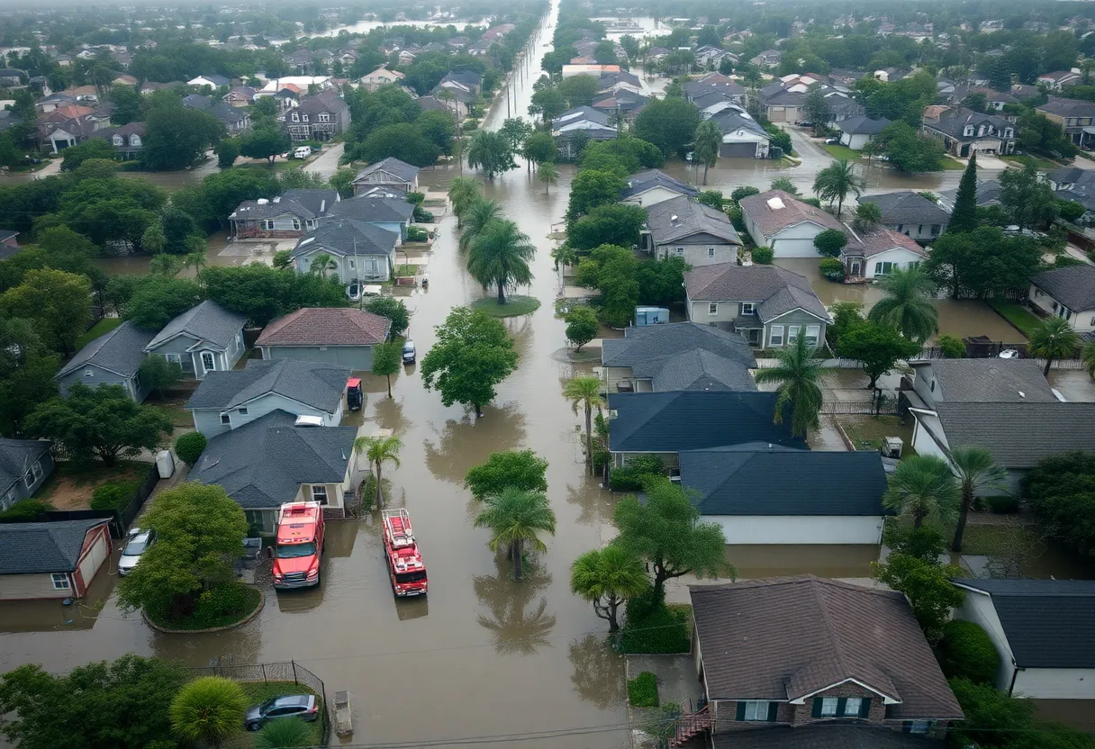 Aerial view of flooded homes in Houston, Texas