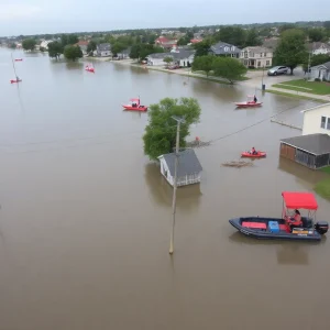 Scene of flooding in a Houston neighborhood with rescue efforts underway.
