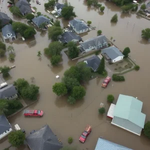 Aerial view of neighborhoods submerged by floodwaters in Texas