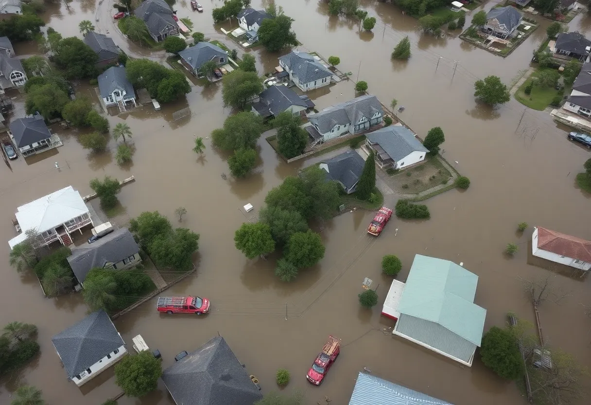 Aerial view of neighborhoods submerged by floodwaters in Texas