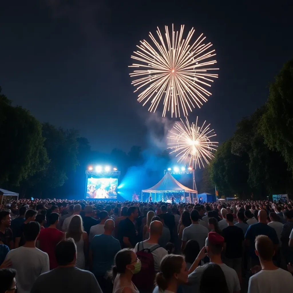 Crowd enjoying the Freedom Over Texas Festival with fireworks in the background.