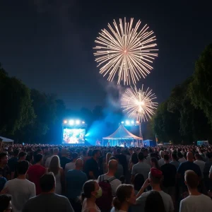 Crowd enjoying the Freedom Over Texas Festival with fireworks in the background.