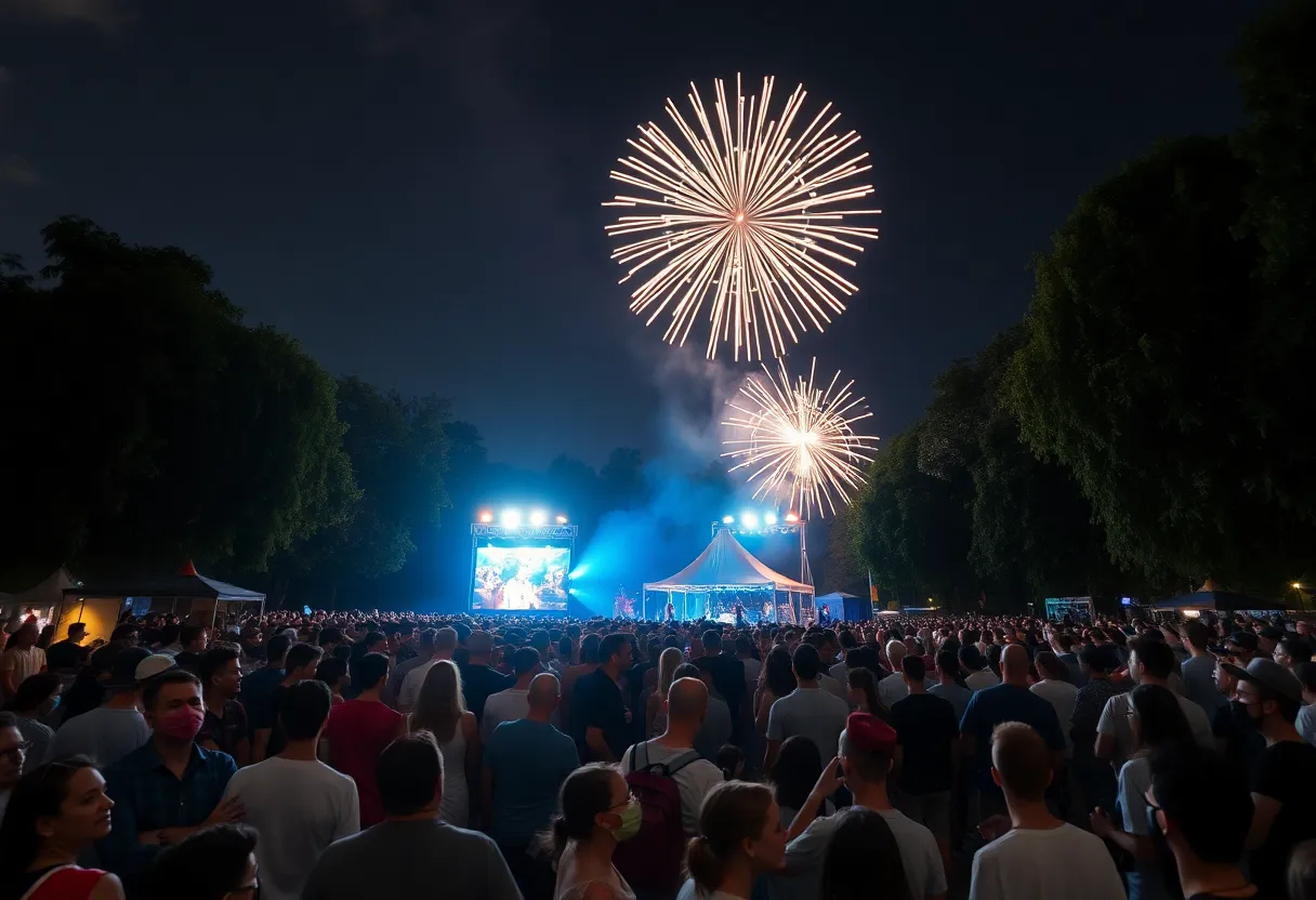 Crowd enjoying the Freedom Over Texas Festival with fireworks in the background.