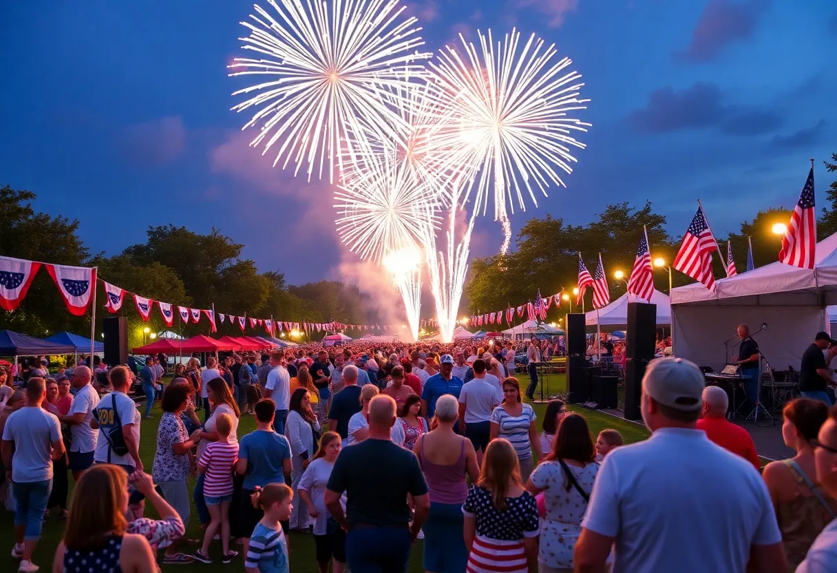 Festive scene of 4th of July celebrations in Houston with fireworks