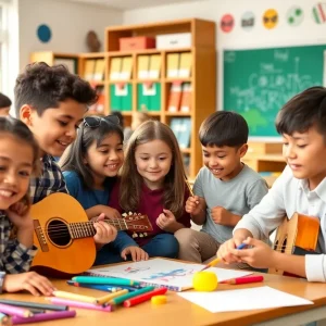 Students engaged in music and arts education in a charter school setting.