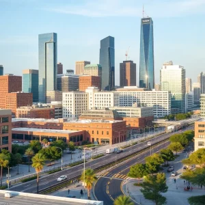 Houston city skyline with illustrations of healthcare and education symbols