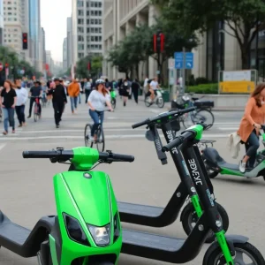 Urban scene in Houston with electric scooters and pedestrians