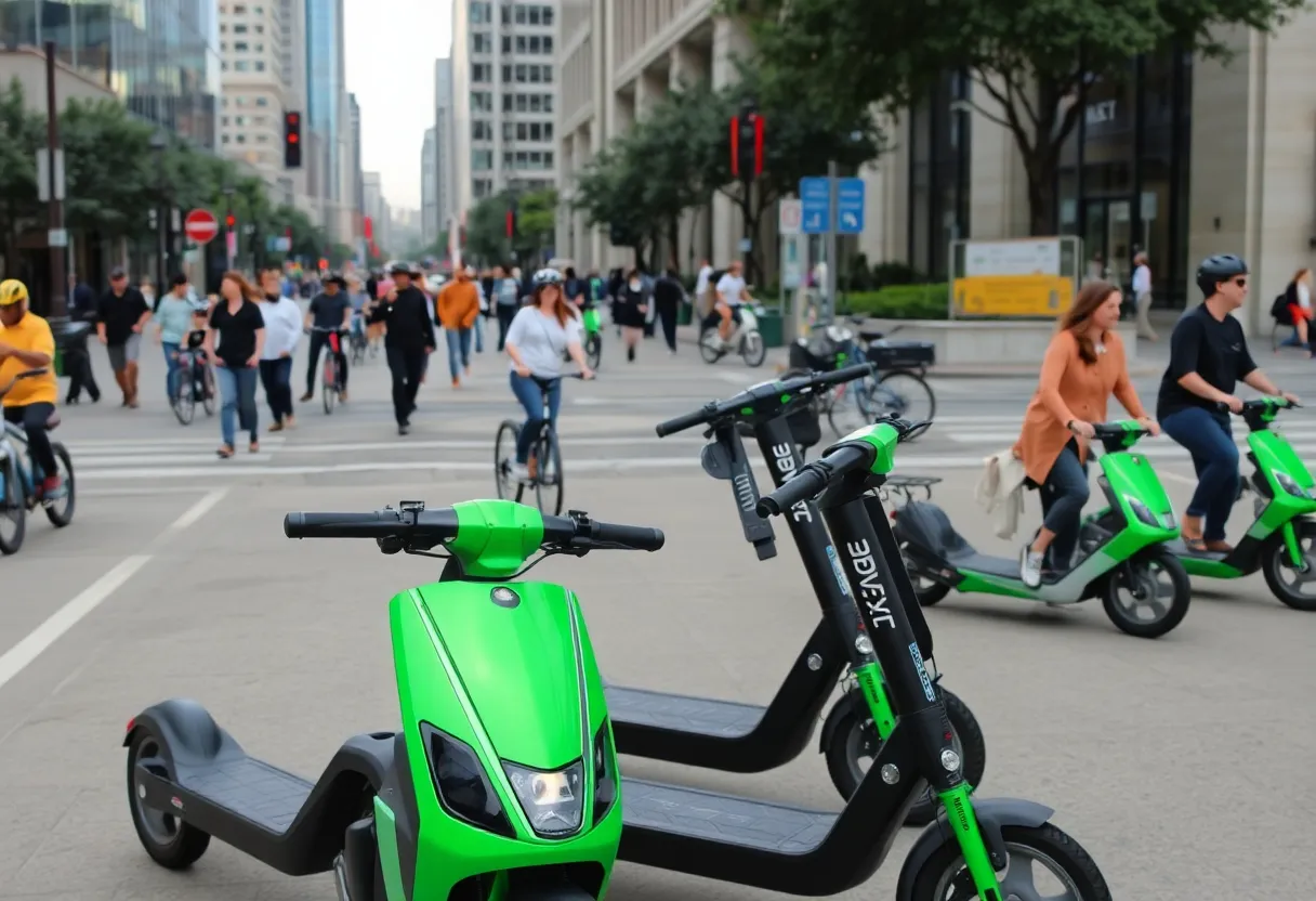 Urban scene in Houston with electric scooters and pedestrians