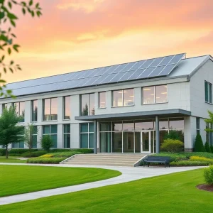 Exterior view of the Houston Endowment headquarters building emphasizing eco-friendly features.