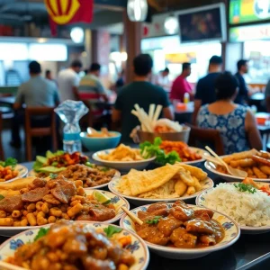 Assorted Filipino dishes served in a lively Houston restaurant