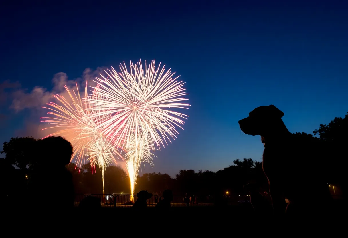 Fireworks display in Houston with pets and wildlife concerned in the foreground