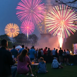 Families enjoying the Fourth of July celebration in Houston with fireworks in the background.