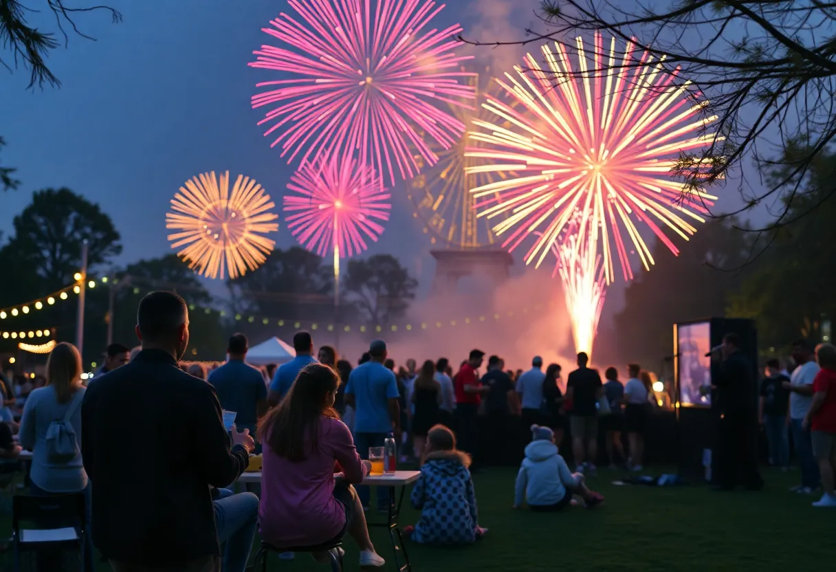 Families enjoying the Fourth of July celebration in Houston with fireworks in the background.