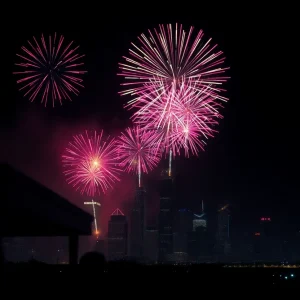 Fireworks over Houston skyline on Fourth of July