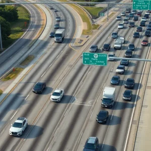 Aerial view of heavy traffic on a Houston freeway during road construction