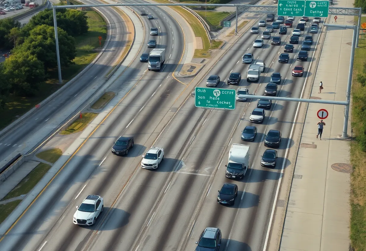 Aerial view of heavy traffic on a Houston freeway during road construction