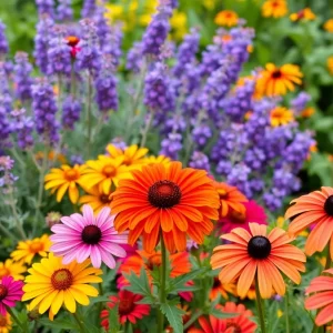 A vibrant Houston garden filled with low-maintenance plants including Texas Sage and Lantana