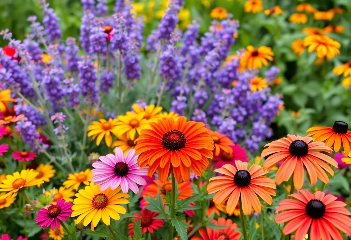 A vibrant Houston garden filled with low-maintenance plants including Texas Sage and Lantana