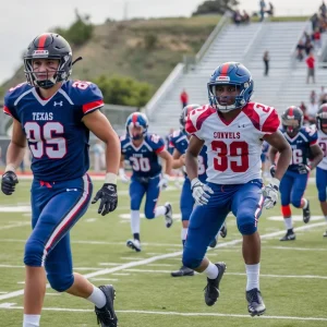 A group of high school football players in action on the field