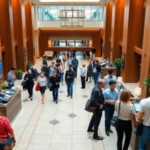 A lively hotel lobby in Houston with guests checking in and interacting with staff.
