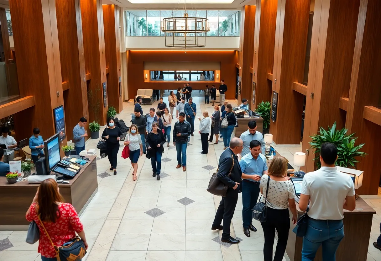 A lively hotel lobby in Houston with guests checking in and interacting with staff.