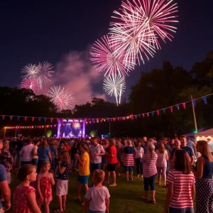 Families celebrating July 4th in Houston with fireworks and festivities.